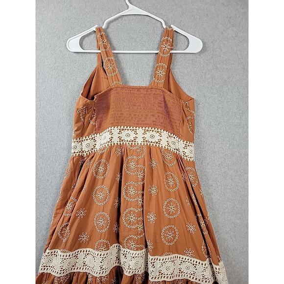 LC Lauren Conrad Rust Floral Eyelet Crochet Trim Maxi Dress Women's Large Lined - Picture 8 of 12